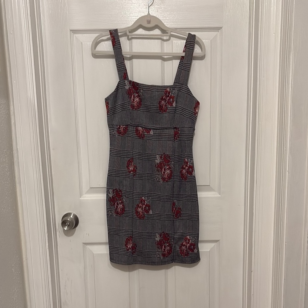 Francesca's Collections Gray Plaid Mini Dress with Red Floral Accents